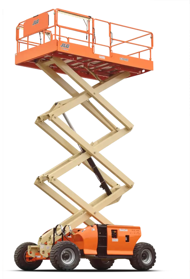 JLG 3394RT rough terrain scissor lift, raised, in the intake bay