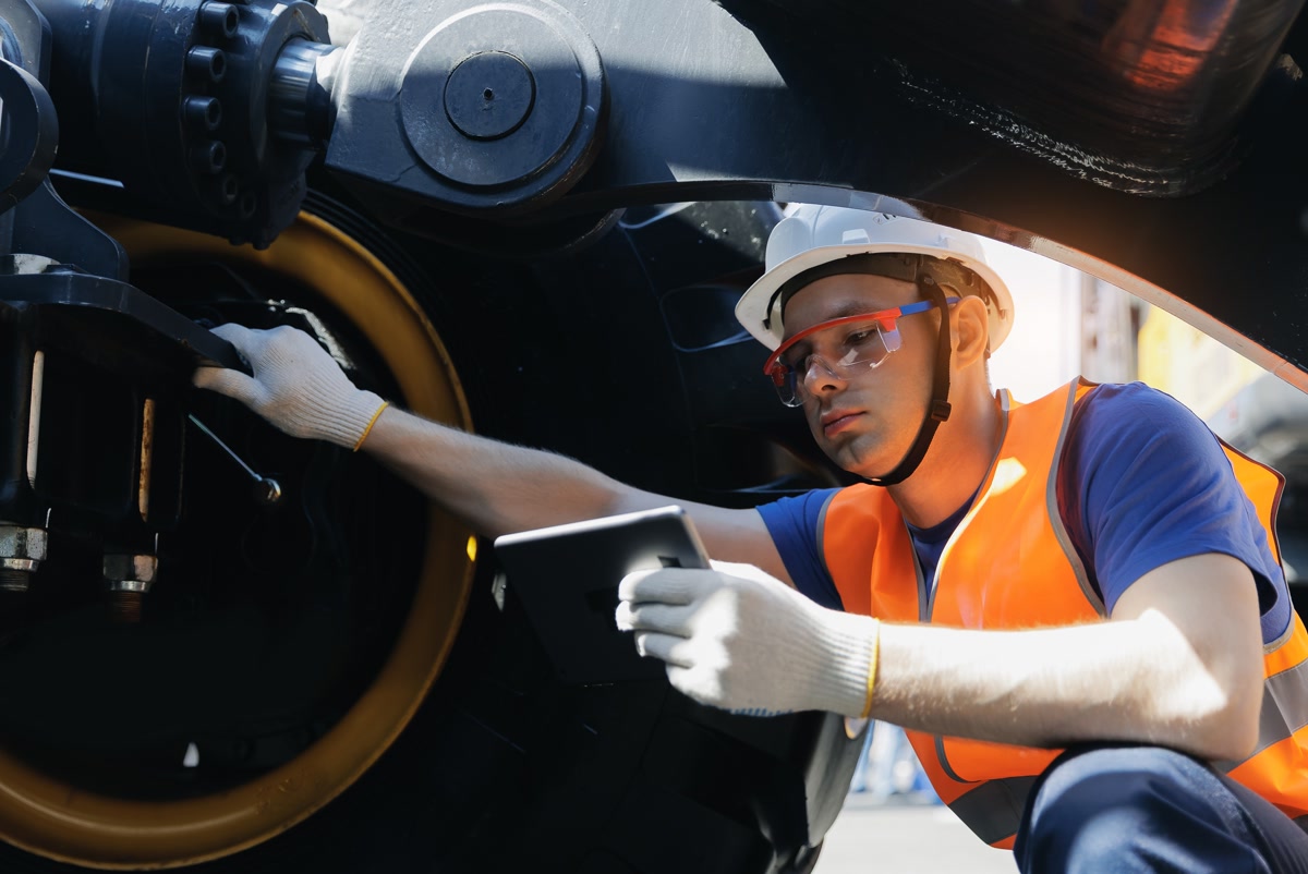 A technician using a diagnostic tablet to check hydraulic equipment